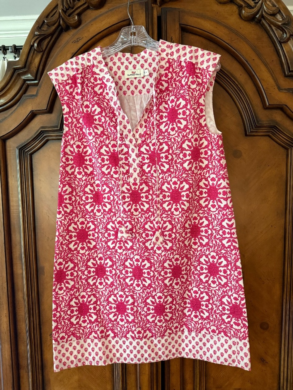 Vineyard Vines Pink White Tile Medallion Tunic Shift Dress XS V-Neck